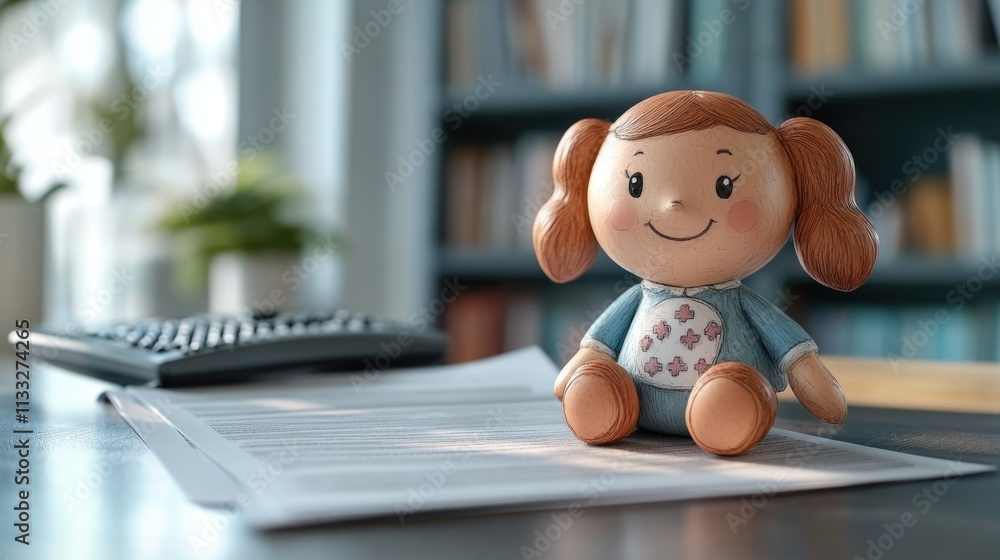Poster A small doll sits next to a keyboard on a table, perfect for use in illustrations or designs about childhood, innocence, or technology