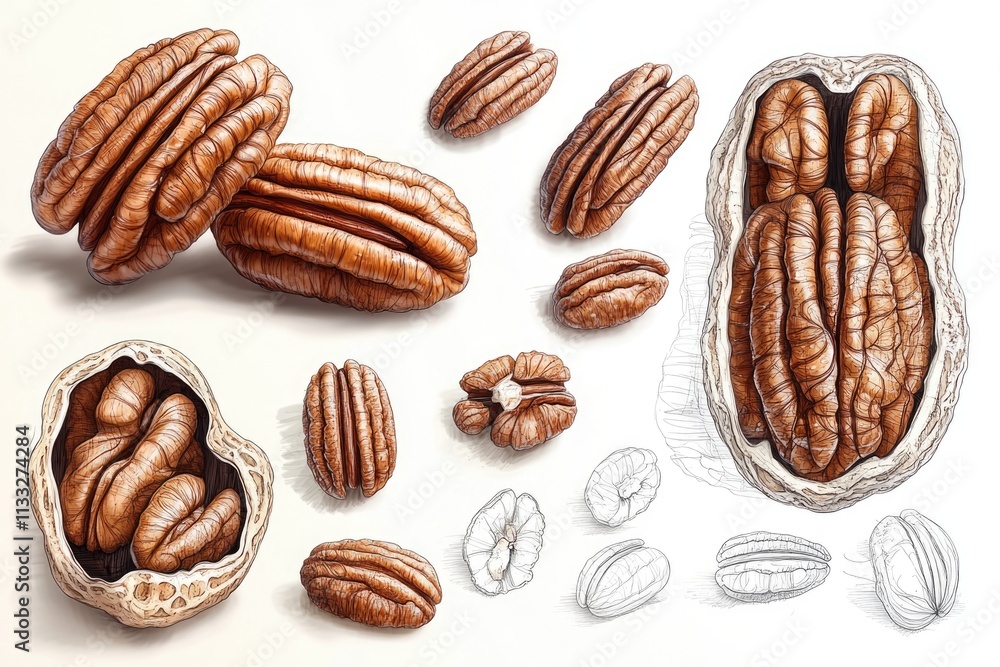 Poster A group of pecan nuts arranged in a row