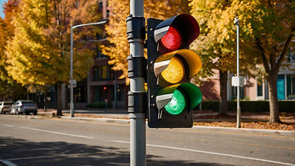 Traffic lights on an autumn road, signaling safety with red, yellow, and green lights. Urban street with fall foliage, guiding vehicles and pedestrians through a clear and vibrant cityscape.