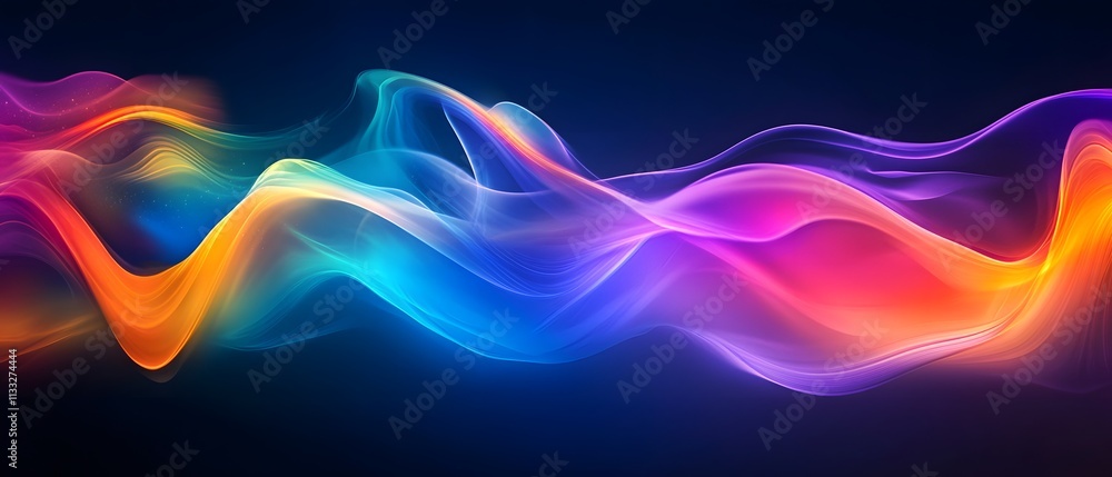 Poster Vibrant and Colorful Abstract Light Waves in Motion with Soft Flowing Patterns on a Dark Background Ideal for Backgrounds and Artistic Designs