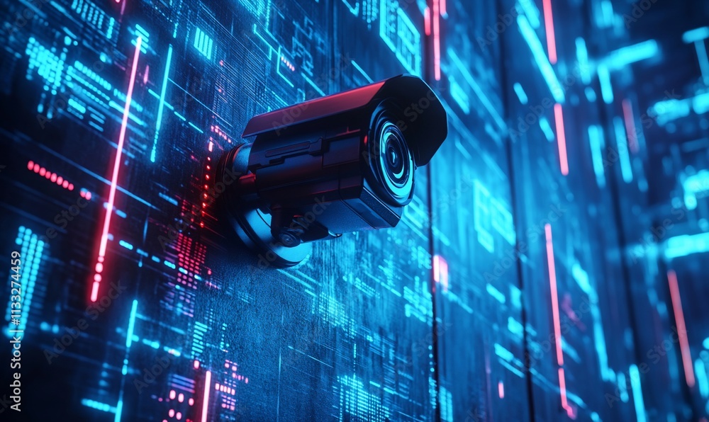 Poster a surveillance camera against a digital backdrop, emphasizing security technology.