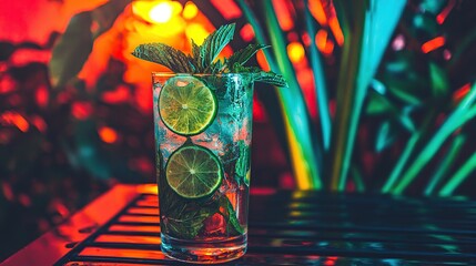 Refreshing Mojito cocktail with mint and lime in tropical setting.