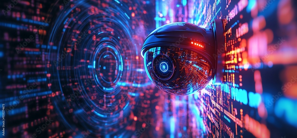 Poster A surveillance camera amidst a digital backdrop of data streams.