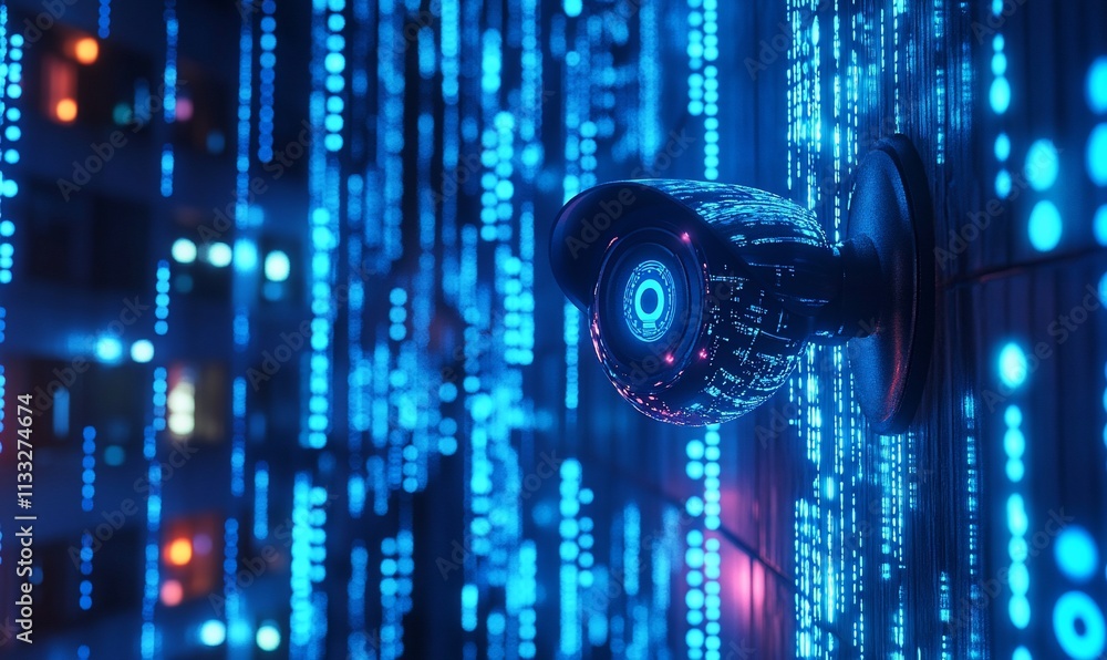 Aufkleber a surveillance camera amidst a backdrop of glowing digital data streams.