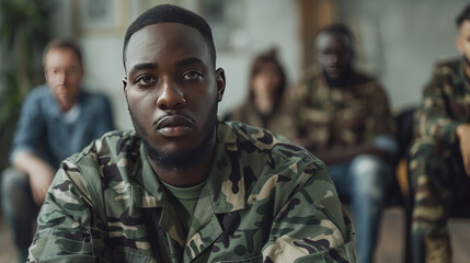 Fototapeta premium A soldier in camouflage uniform sits in focus, with blurred comrades in the background in a room. Military and teamwork concept. PTSD group therapy session. Emotional support concept.