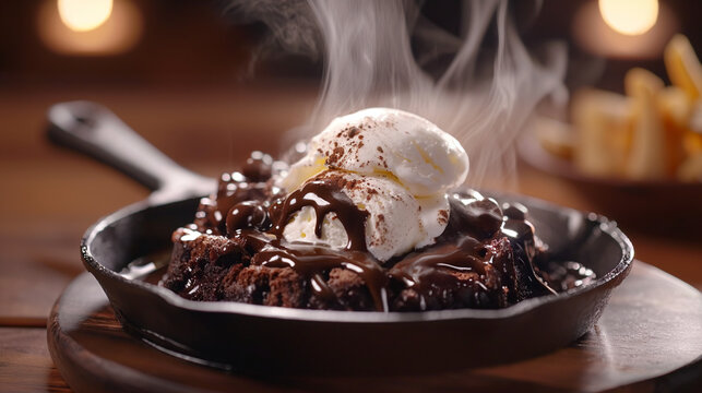 Sizzling brownie topped with vanilla ice cream and chocolate sauce