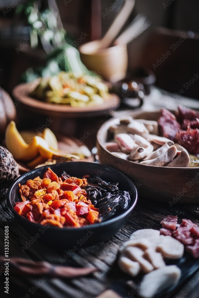 Poster a rustic wooden table set with multiple bowls of various foods, great for use in editorial or commer