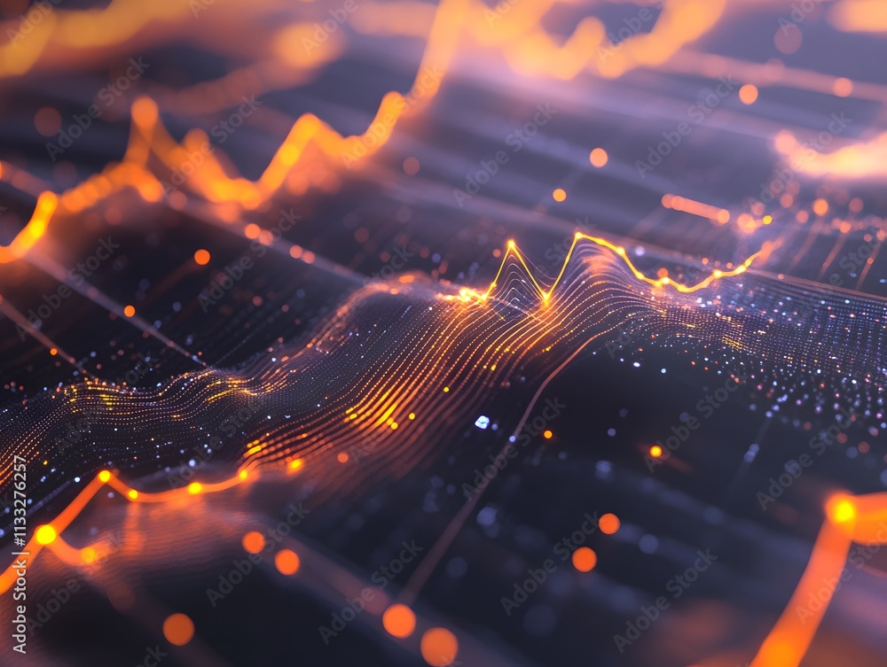 Leinwandbilder Abstract technology background with bright glowing lines and dots representing data flow, digital analytics, and futuristic artificial intelligence concepts in vivid orange and purple