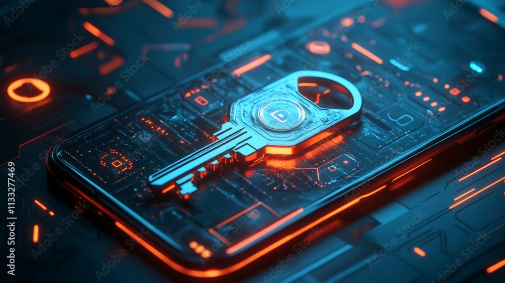Poster Digital key on a smartphone against a tech-inspired background.