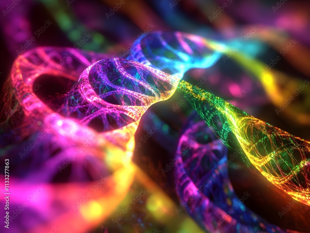 Poster vibrant and colorful representation of dna helix with neon effects for scientific and genetic illust