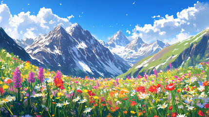 Fototapeta premium Majestic snow-capped mountains rise above a vibrant wildflower meadow under a blue sky. Meadow. Illustration