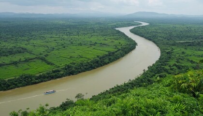 A scenic view of the Godavari River flowing through Panchavati, with lush greenery along the banks.