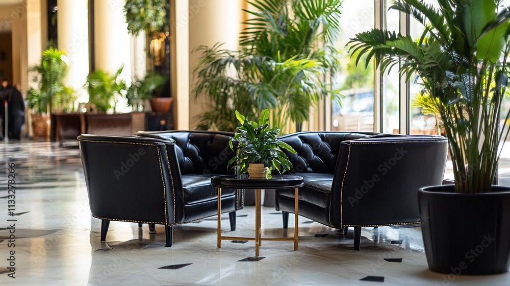 Poster elegant seating area with plants and a small table in a modern space.