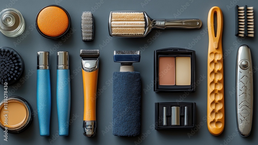 Poster various personal care items such as toothbrushes, toothpaste, shampoo and conditioner bottles arrang