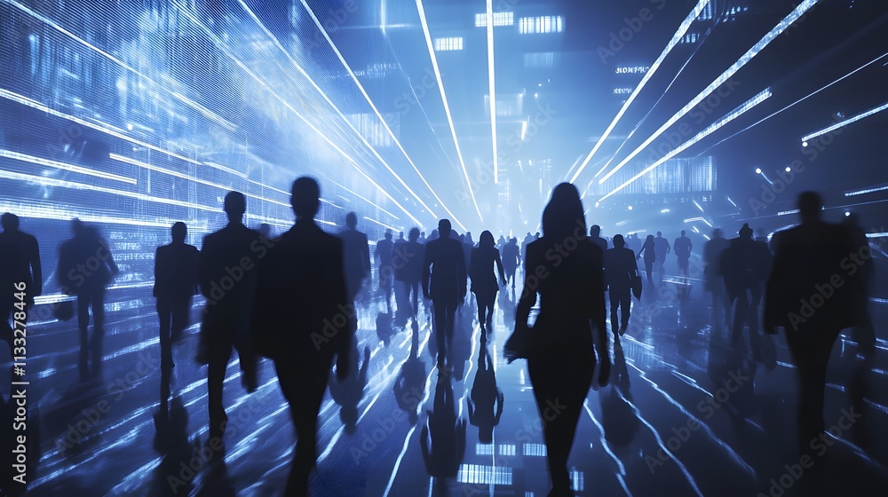Poster silhouetted figures walk through a digital data stream