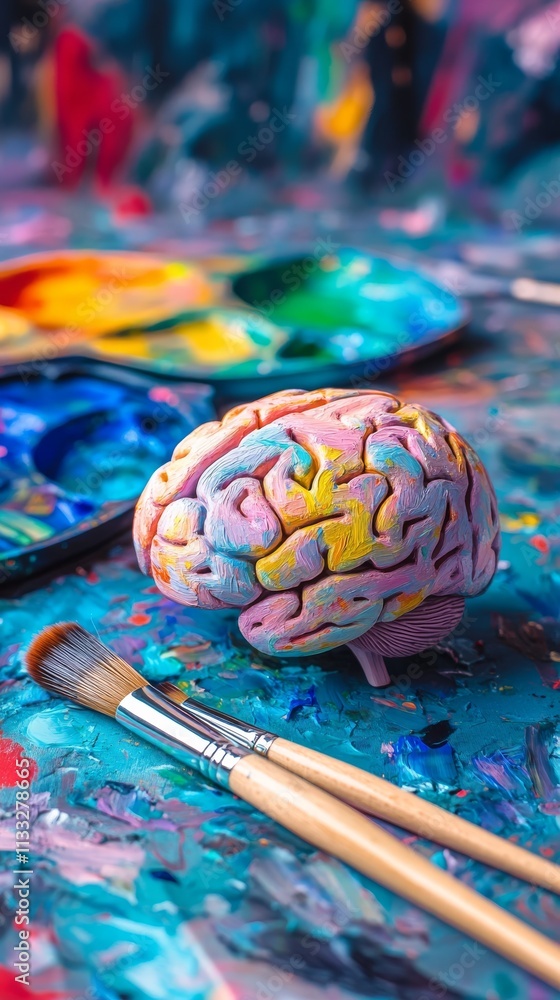 Poster a meticulously detailed brain model painted in a spectrum of vivid colors, surrounded by paintbrushe