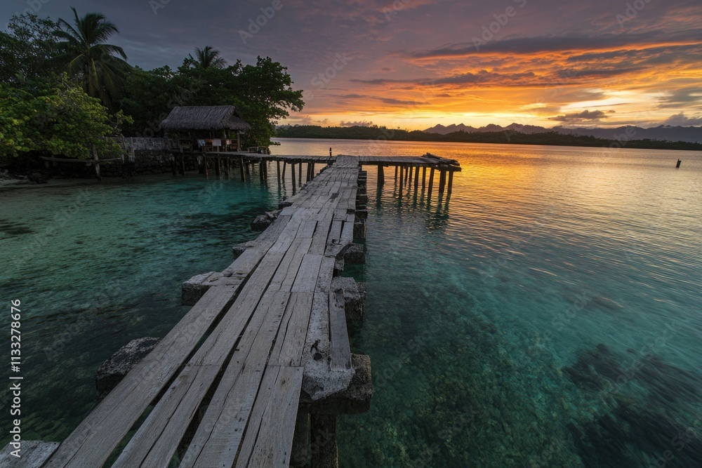 Poster a wooden pier extending into the ocean with calm waters and distant coastline