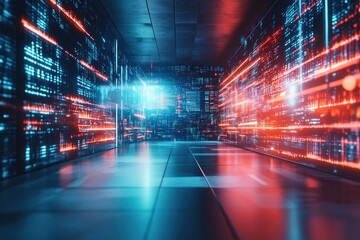 A futuristic corridor is filled with glowing blue and red lights reflecting on smooth surfaces. The digital design creates an immersive atmosphere, suggesting advanced technology and innovation.