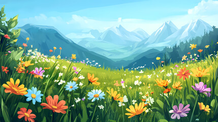 Fototapeta premium Png vibrant wildflower meadow in bloom. Meadow. Illustration
