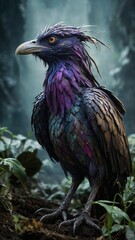 Fototapeta premium Fantasy colorful bird with iridescent feathers in an enchanting forest, artistic creation, copy space