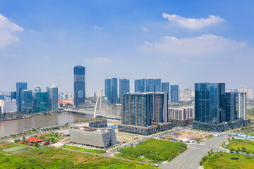HO CHI MINH, VIET NAM - 09 DECEMBER, 2024: Buildings in the central area of Ho Chi Minh City, along...