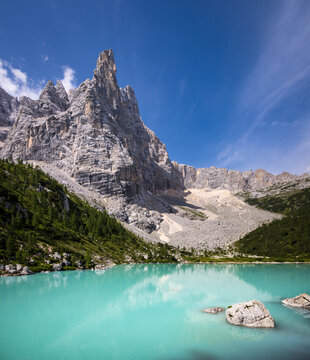 Sorapiss with turquoise alpine lake, Dolomites, Italy
