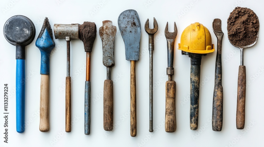 Poster a diverse array of construction tools displayed on a clean surface, featuring hand tools, specialty 