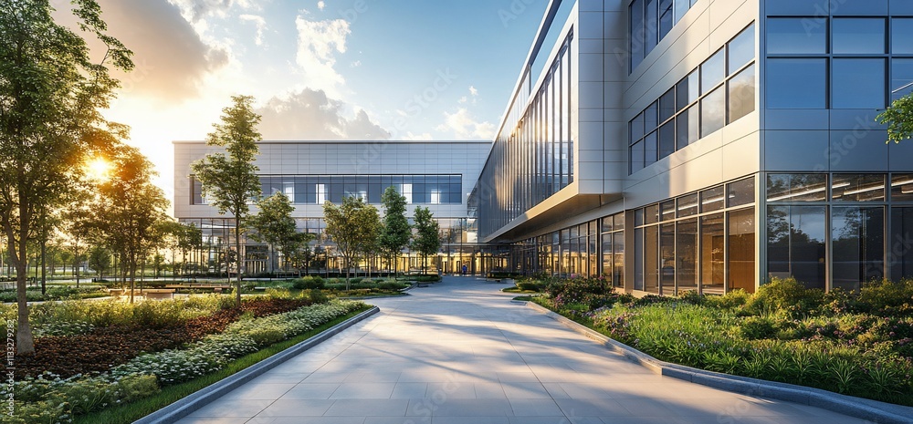 Poster Modern building with landscaped surroundings and sunlight filtering through trees.