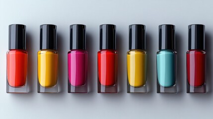 Obraz premium Eight colorful nail polish bottles in a row.