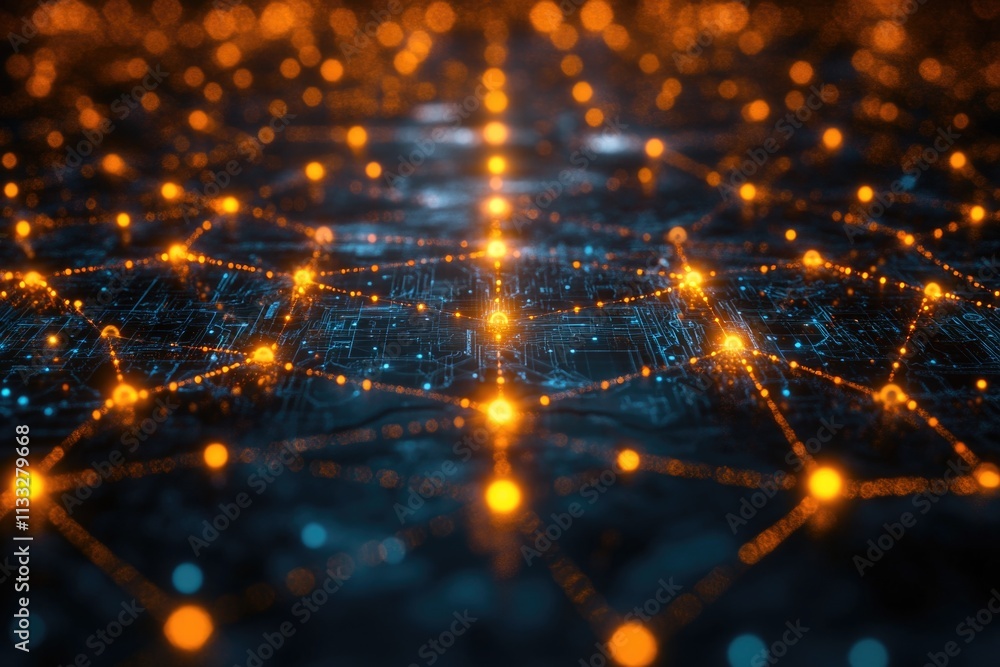 Poster circuit board with glowing electronic components, suitable for technology and innovation concepts