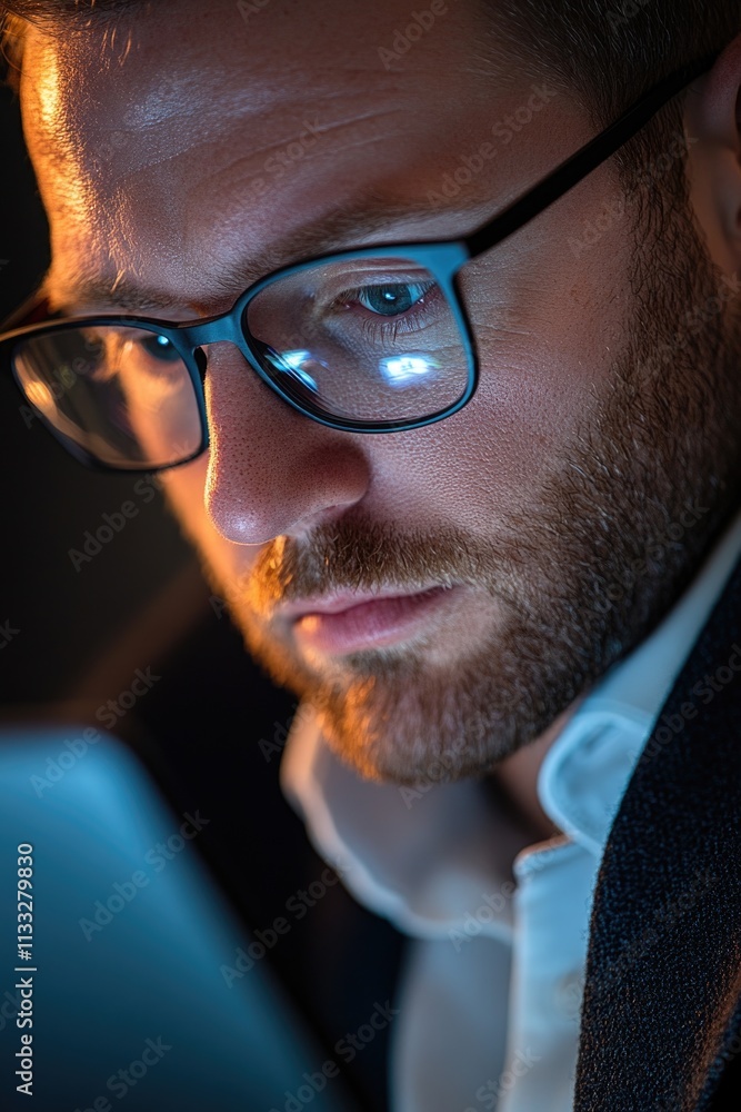 Poster a person sitting in front of a computer screen, focused on the laptop