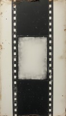 This image features a classic black and white film strip, showcasing a blank frame at its center, surrounded by perforated edges. The aged appearance and subtle wear evoke nostalgia for the golden age