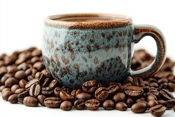 A cup sits atop a pile of coffee beans, perfect for adding some coffee shop flair to your image