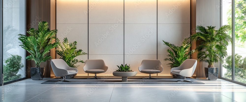 Aufkleber modern lobby area with seating and greenery for relaxation and meetings.