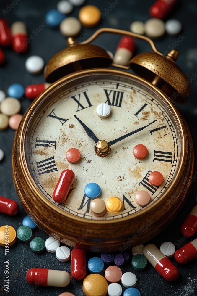 Poster a clock is surrounded by various pills on a table