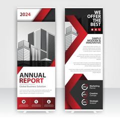 Modern design of annual report display stands showcasing professional graphics in an office environment with red color