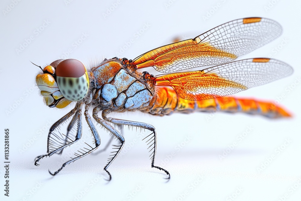 Poster a close-up shot of a dragonfly perched on a white surface, with intricate details visible