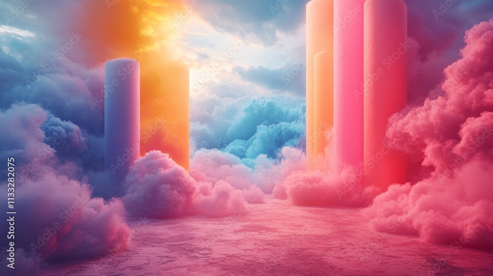Poster dreamy surreal landscape with colorful clouds and towering structures
