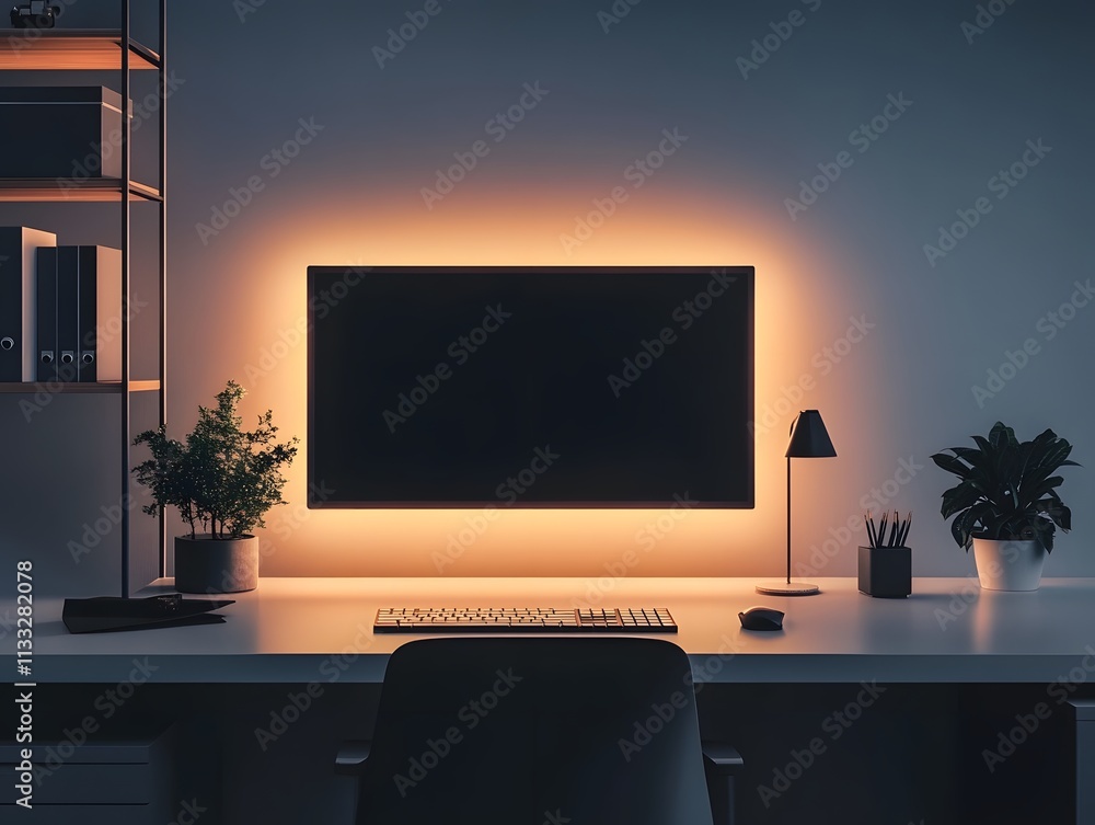 Poster modern workspace with illuminated monitor and desk plants at night, showcasing a minimalistic design