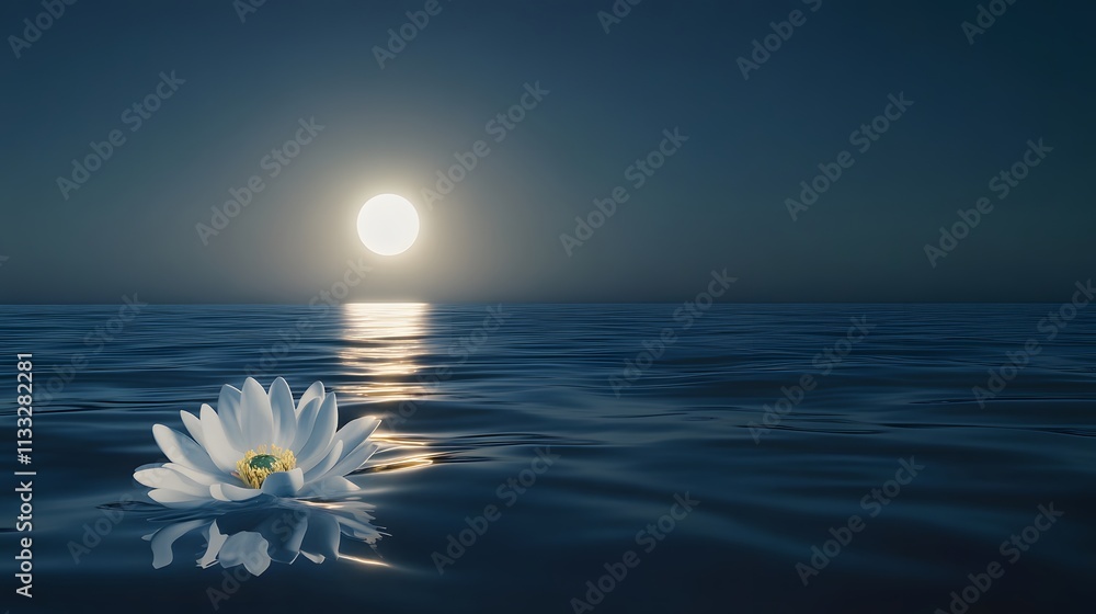 Poster serene night water scene with luminous moon and lotus flower floating on calm ocean surface under st