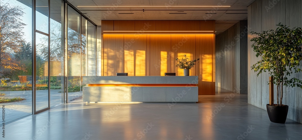 Poster modern reception area with natural light and minimalist design.