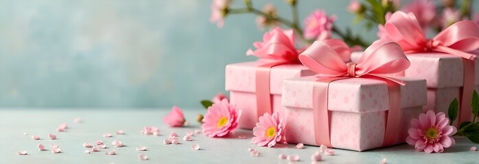 Colorful gifts wrapped with soft pink ribbons sit beautifully alongside blooming flowers