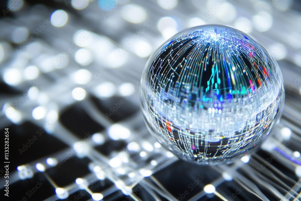 Poster a crystal ball sitting on a computer keyboard, perfect for fortune telling or mystical uses