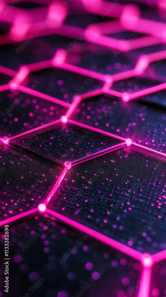 Poster futuristic close-up of a glowing hexagonal grid in vibrant pink neon light, with sparkling nodes, se