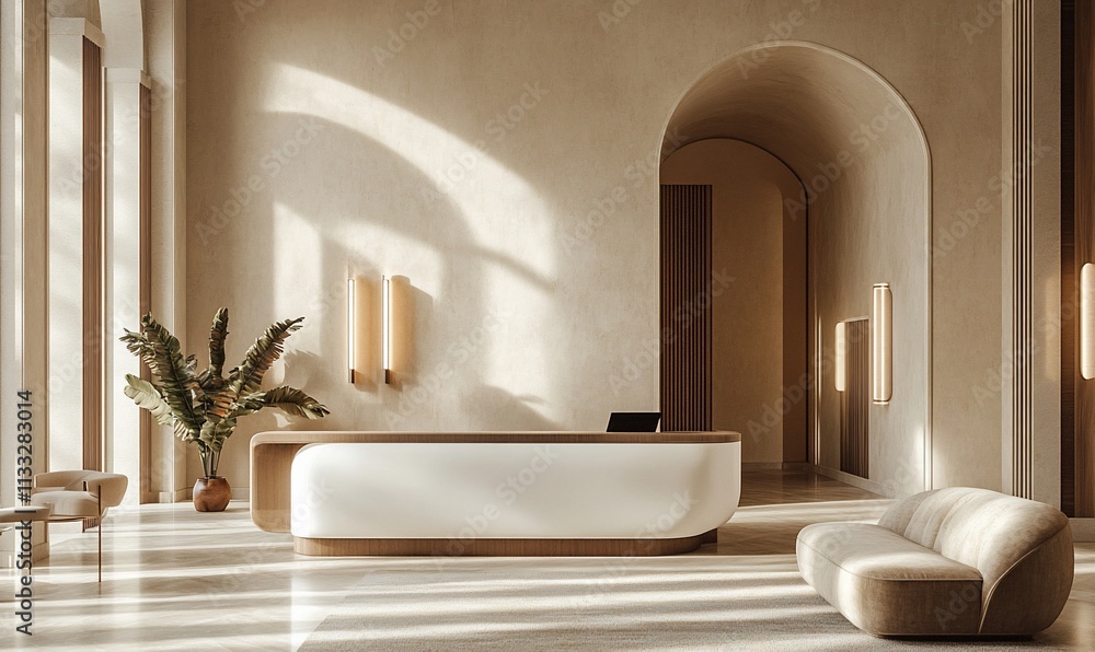 Poster modern reception area with minimalist design and natural light.