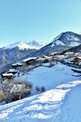 Winter scenery of French alps village by winter