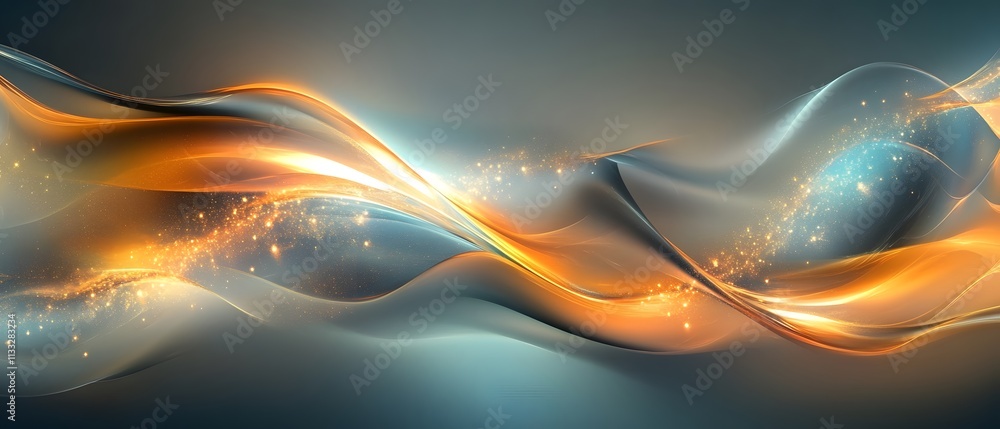 Poster Colorful abstract waves of light flowing gracefully through a blurred background, creating a mesmerizing visual experience with rich hues and sparkling elements.