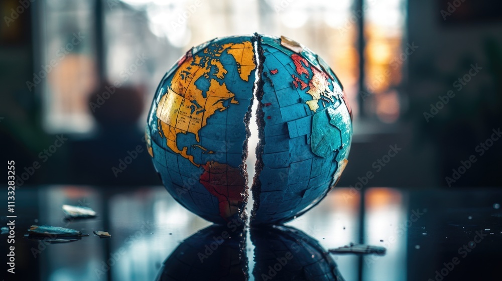 Poster A cracked and worn-out globe resting on a table surface, possibly symbolizing disarray or chaos
