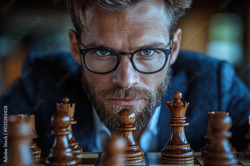 Poster A person sitting at a table playing chess, focused on the game