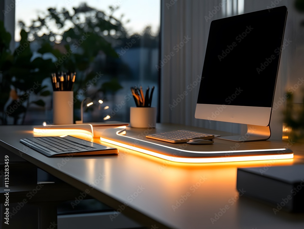 Poster Modern home office setup featuring an illuminated desk, sleek computer monitor, and organized stationery, creating a stylish workspace in soft evening light.